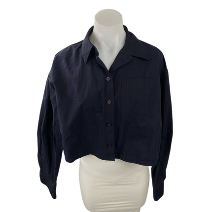 COS Women's Navy Blue Collared Long Sleeve Crop Button Down Shirt Blouse Top 8