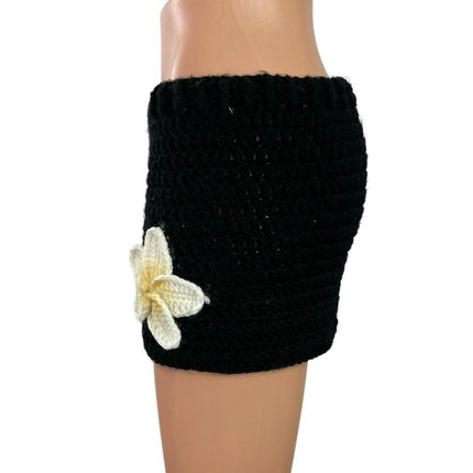 Women's Black White Plumeria Hibiscus Crochet High Waisted Beach Summer Shorts S