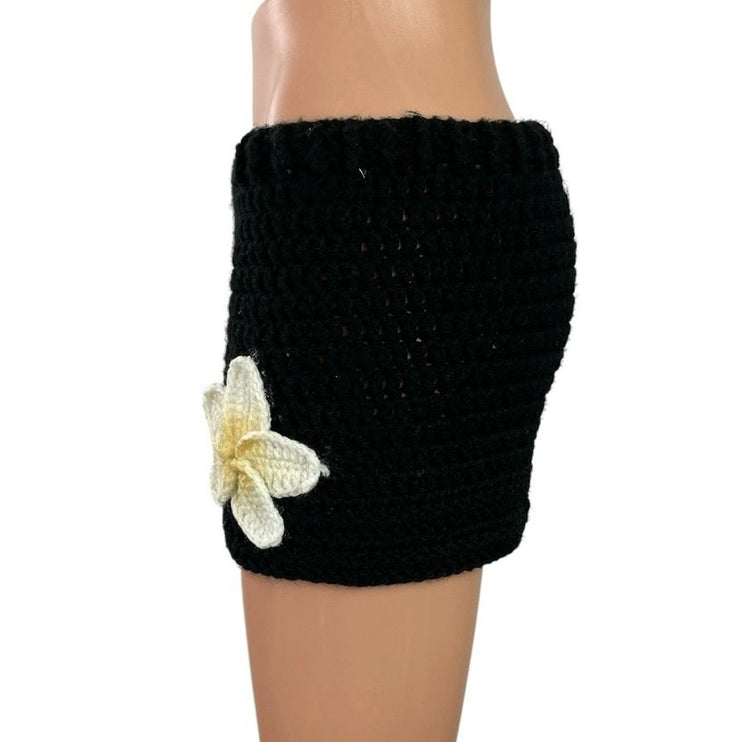 Women's Black White Plumeria Hibiscus Crochet High Waisted Beach Summer Shorts S