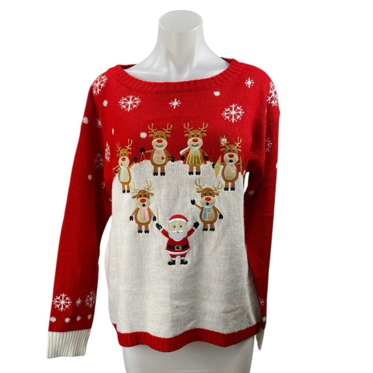 Women's Red Santa Claus Reindeer Fair Isle Embroidered Long Sleeve Sweater Sz M
