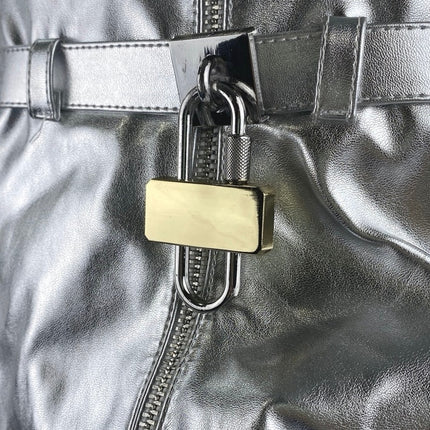 Women's Silver Metallic Leather Zip Fold Over Padlock Platform Mid Calf Boots 10