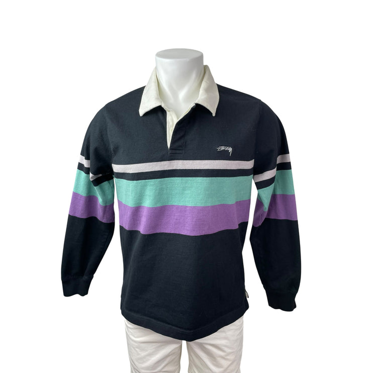 Stussy Mens Black Striped Colorblock Long Sleeve Logo Golf Polo Shirt Top Size M