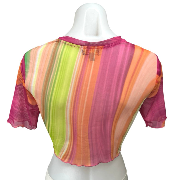 AFRM Isla Spring Wave Multicolor Mesh Short Sleeve Crew Sheer Crop Top Tee Sz M