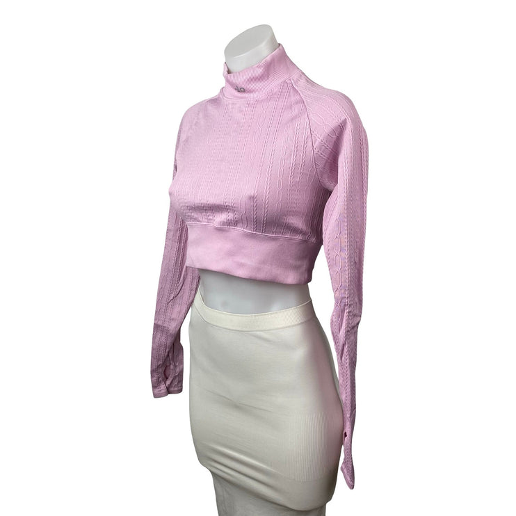 Alo Yoga Seamless Pink Cable Knit Mock Neck Long Sleeve Athletic Crop Top Sz S