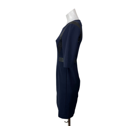 Rebecca Taylor Navy Blue Half Sleeves Faux Leather Lace Shoulder Sheath Dress 4