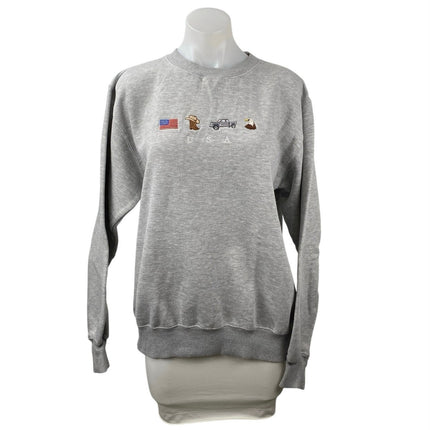 Women's Gray Embroidered USA Flag Cowboy Eagle Long Sleeve Sweatshirt Top Size M