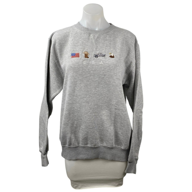 Women's Gray Embroidered USA Flag Cowboy Eagle Long Sleeve Sweatshirt Top Size M
