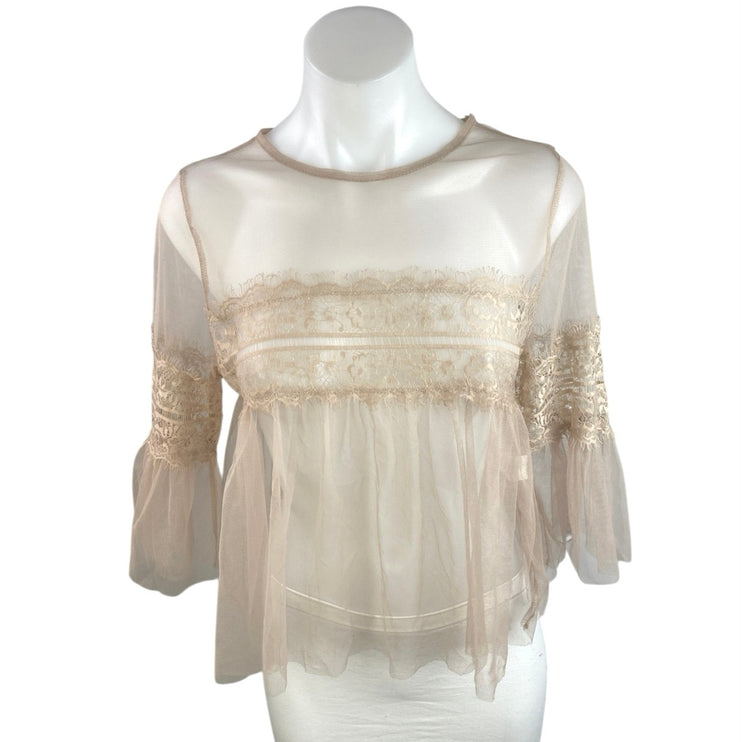 Forever 21 Tan Floral Lace Mesh Sheer Long Sleeve See Trough Blouse Top Size S