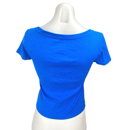 Zara Blue Short Sleeve Ribbed Knit Square Neck Cropped T Shirt Tee Top Size S