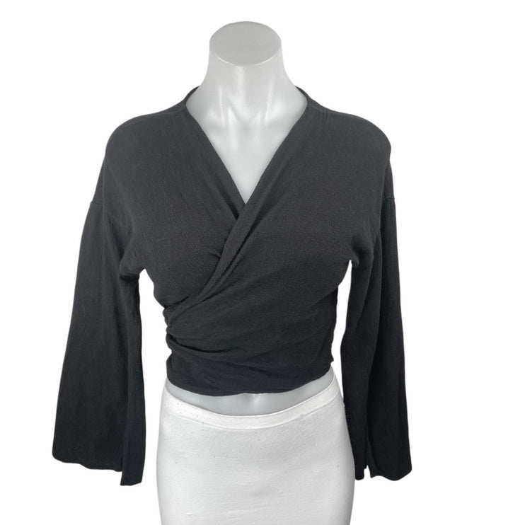 Storets Women's Black Long Bell Sleeves Tie Cropped V Neck Wrap Blouse Top Sz S