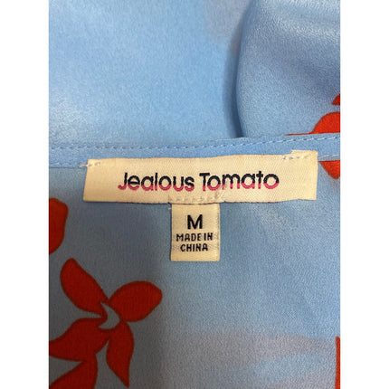 Jealous Tomato Blue Red Floral Long Balloon Sleeve Peplum Wrap Blouse Top Size M