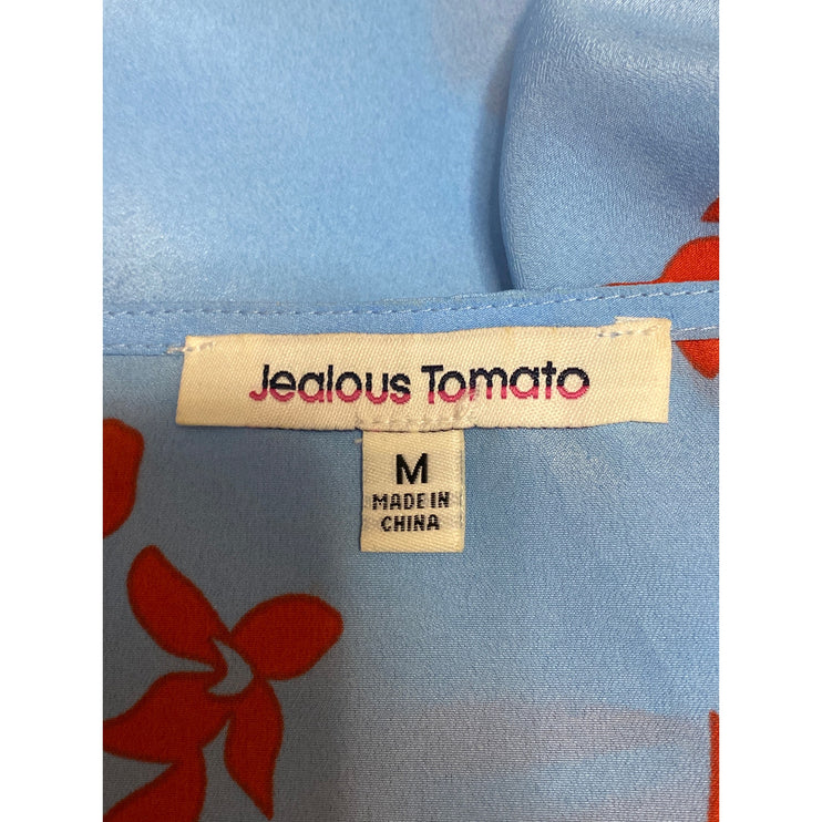 Jealous Tomato Blue Red Floral Long Balloon Sleeve Peplum Wrap Blouse Top Size M