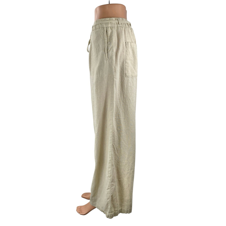 Zara Women's Beige Linen Drawstring Pleated Wide Leg Baggy Trousers Pants Size S