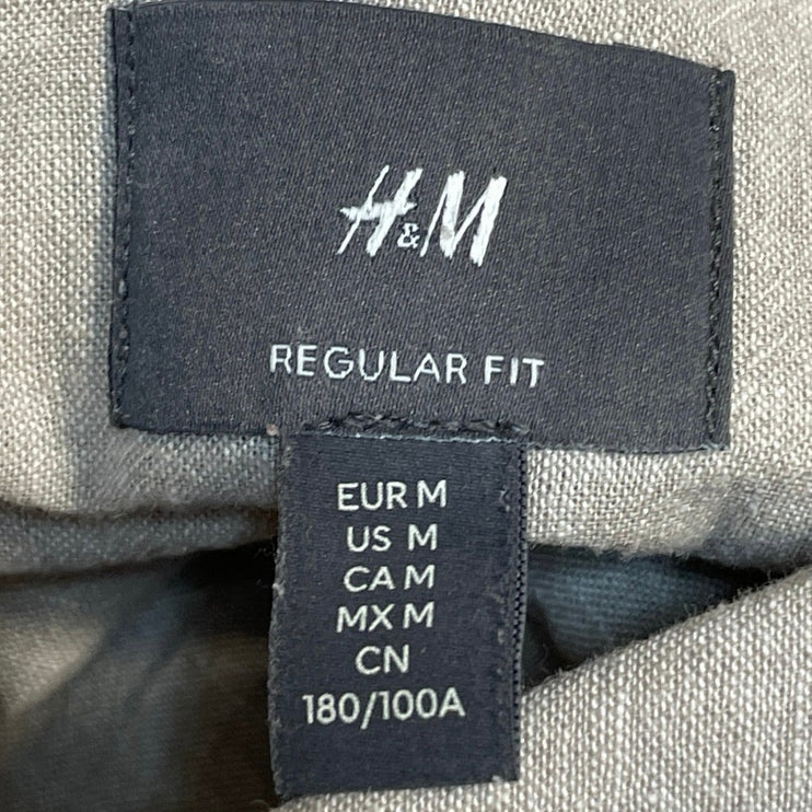 H&M Mens Gray Regular Fit Linen Short Sleeve Button Down Pocket Shirt Top Size M