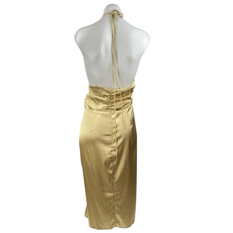 Danielle Bernstein Gold Yellow Silk Satin Halter Cutout Pencil Midi Dress Size L