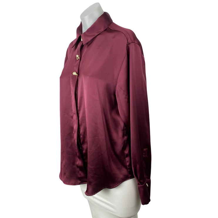 Zara Women's Red Silk Satin Long Sleeve Button Down Blouse Shirt Top Size M