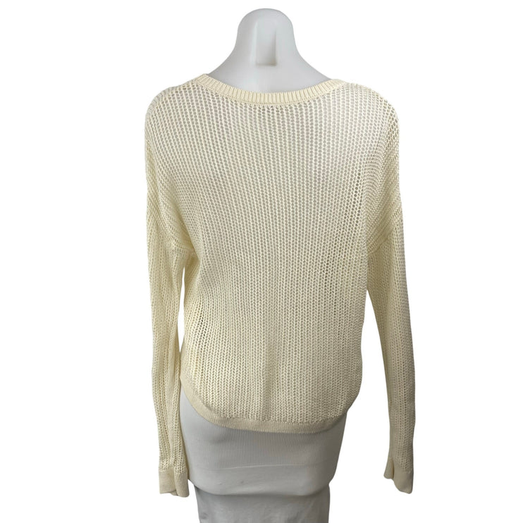 Uniqlo Women's Cream Linen Open Knit Crochet Crew Neck Long Sleeve Sweater Top M