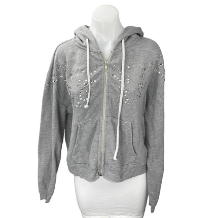 Wildfox Womens Gray Rhinestone Beaded Hoodie Hooded Zip Up Sweatshirt Top Size S