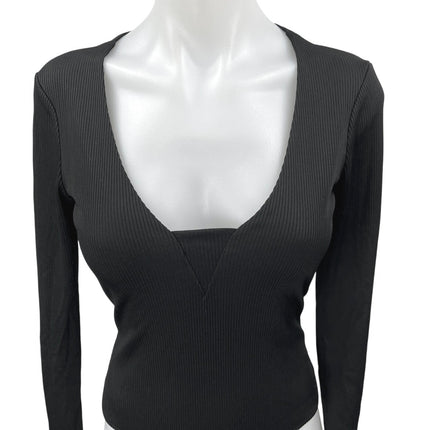 Free People Women's Black Rib Knit Scoop Neck Long Sleeve Bodysuit Top Size S