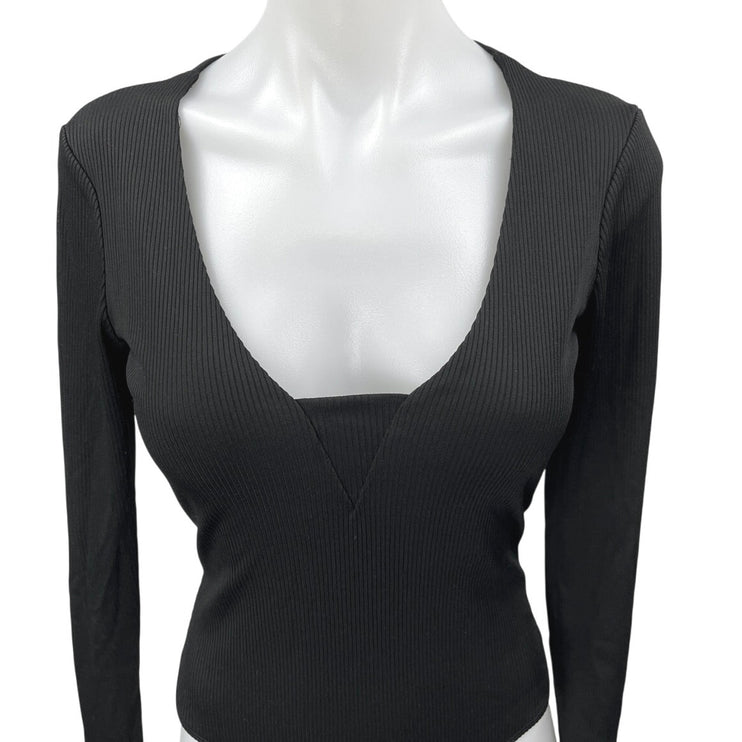 Free People Women's Black Rib Knit Scoop Neck Long Sleeve Bodysuit Top Size S