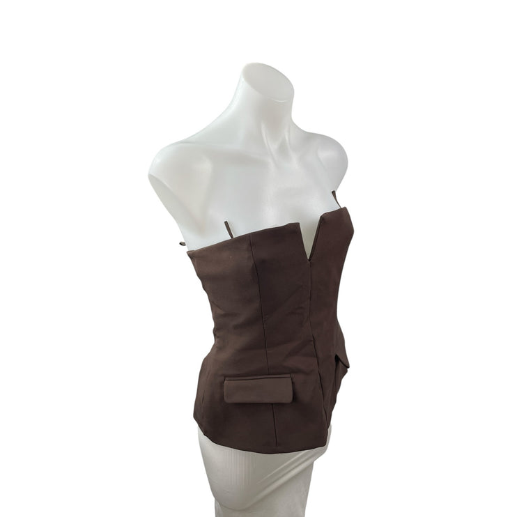 NEW Zara Women's Brown Strapless V Neck Tube Bandeau Pocket Blouse Top Size S