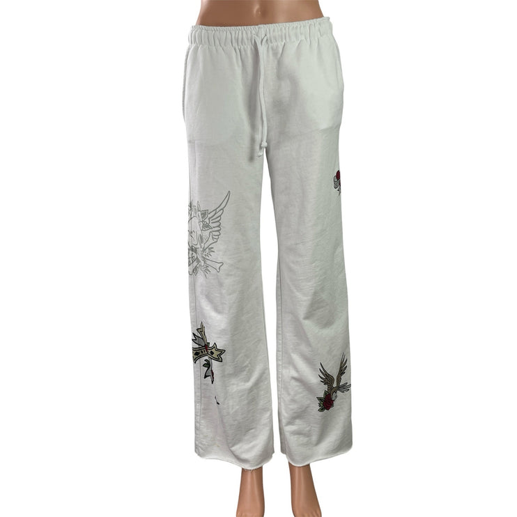 Subdued Women's White Drawstring Graphic Print High Rise Wide Leg Sweat Pants S