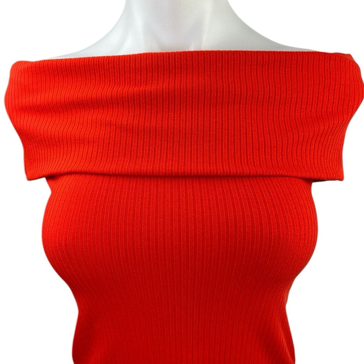 A New Day Red Ribbed Stretch Knit Short Sleeve Off the Shoulder Top Blouse XS