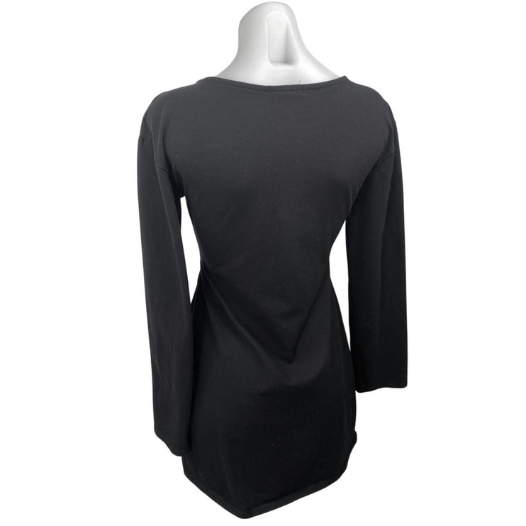 H:ours Black Long Sleeve Tie V Neck Ruched Cutout Waist Mini Bodycon Dress Sz M