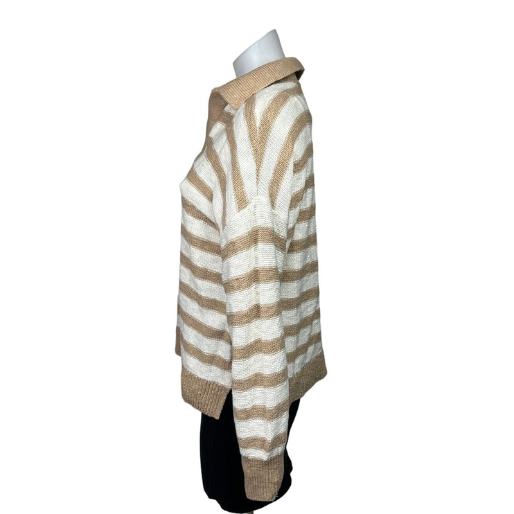 Sonoma Brown White Striped Waffle Knit Collar V-neck Long Sleeve Sweater Size M