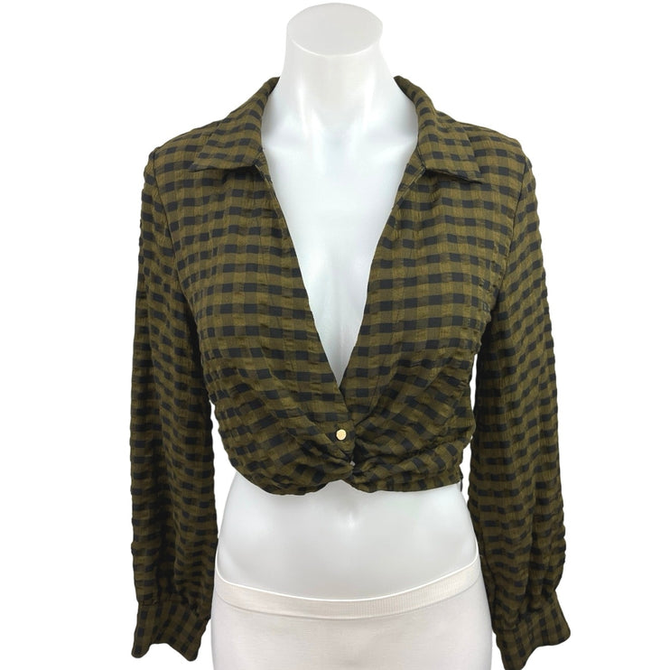 Zara Green Gingham Check Deep V Crinkled Twist Crop Button Shirt Top Size S