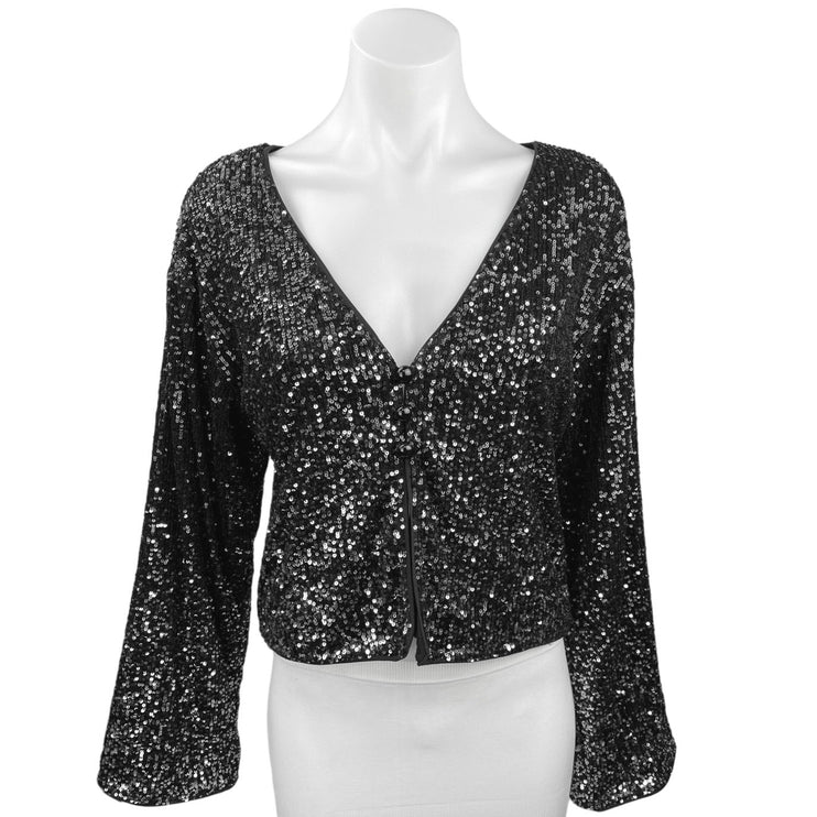 Revolve x LPA Robyn Black Silver Sequin V-Neck Long Sleeve Crop Top Cardigan XS