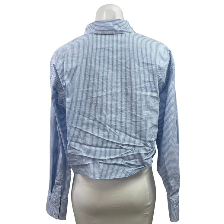 Zara Women's Blue Striped Long Sleeve Pocket Button Down Cropped Shirt Top Sz M