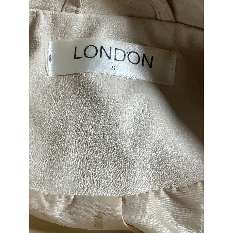 London Women's Cream Faux Leather Vegan Zip Motorcycle Biker Coat Jacket Size S