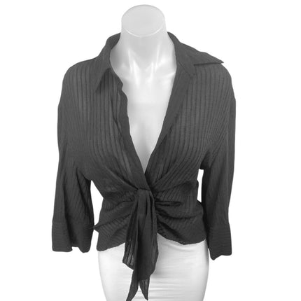 Zara Women's Black Long Sleeve Ribbed Knit Textured Tie Front Shirt Top Size S