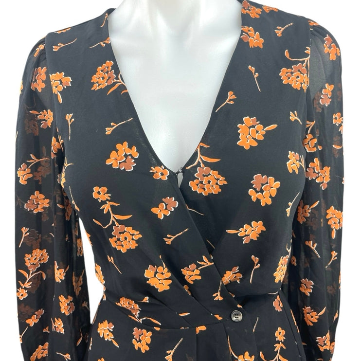 ASTR The Label Black Orange Floral Long Sleeve Button Wrap Blouse Top Size XS