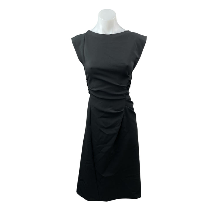 Zara Women's Black Side Ruched Boat Neck Cap Sleeve Slim Midi Sheath Dress Sz XS
