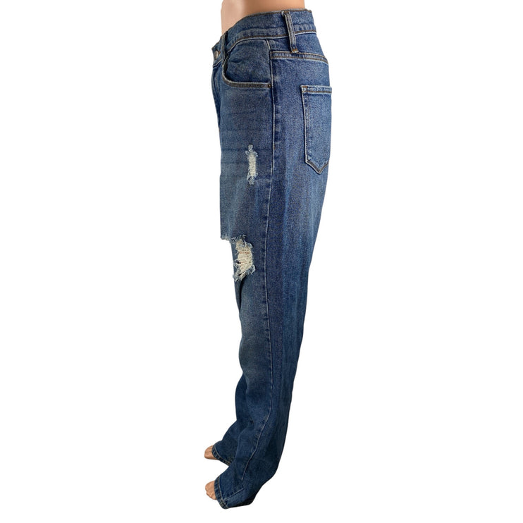 Fashion Nova Women's Blue Distressed High Rise Straight Leg Denim Jeans Size 7