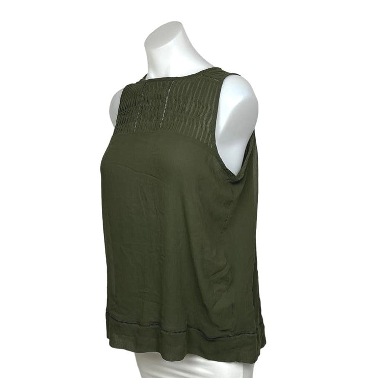 Banana Republic Army Green Ruched Pintuck Bateau Sleeveless Blouse Top Size S