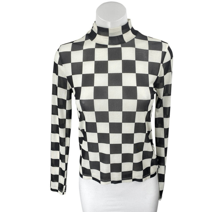 Vans Position Checker Women's Black White Checkered Mock Neck Mesh Top Size XS