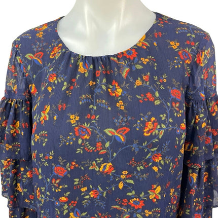 Madewell Navy Blue Floral Chiffon Ruffle Tiered Long Sleeve Blouse Top Size S