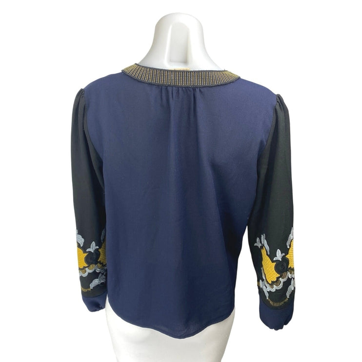 Anthropologie Vanessa Virginia Multicolor Embroidered V Neck Blouse Top Size S