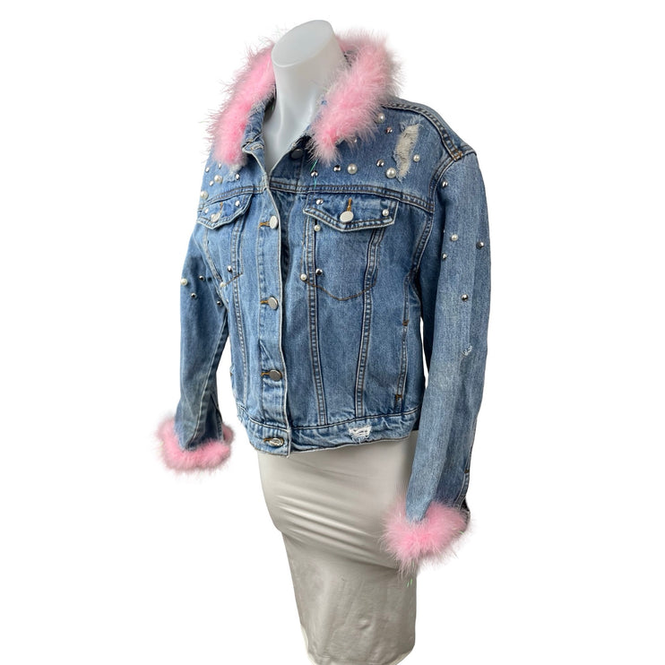 Tinseltown Pearl Stud Faux Fur Trim Rhinestone Fringe Ripped Denim Coat Jacket M