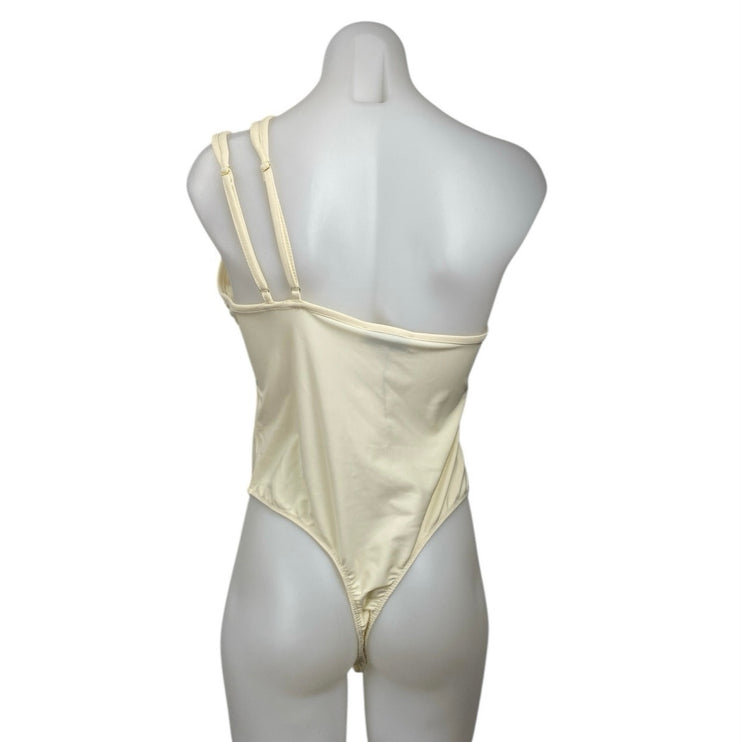 NEW WeWoreWhat Cream One Shoulder Sleeveless Cutout Thong Bodysuit Top Size L