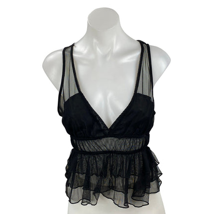 Zara Women's Black Sleeveless Mesh Ruffle Tiered Peplum Tank Blouse Top Size S