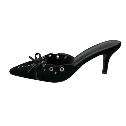 Coutgo Women's Black Bow Tie Studs Grommets Pointed Toe Stiletto Heels Mules 9