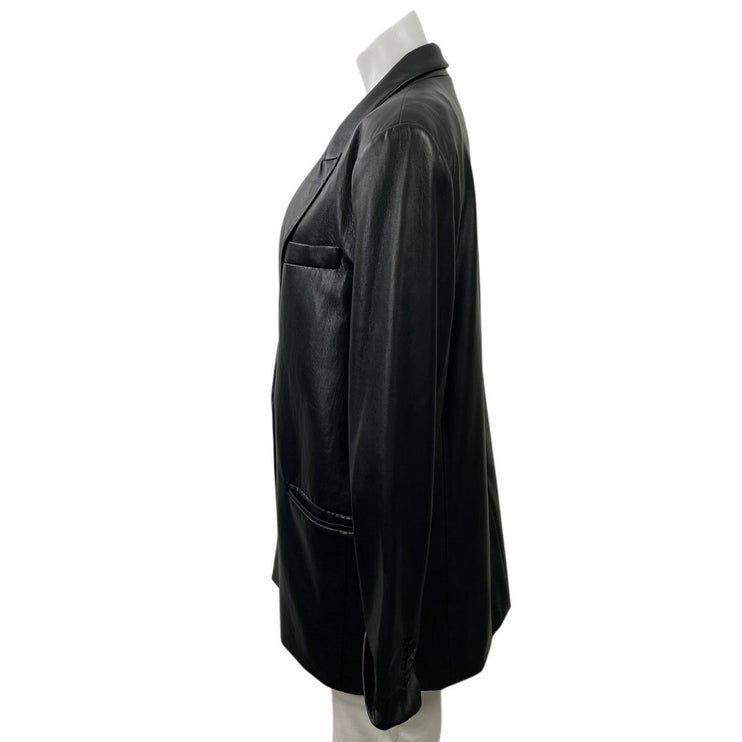 Zara Women Black Faux Leather Vegan Peak Lapel Relaxed Blazer Coat Jacket Size L