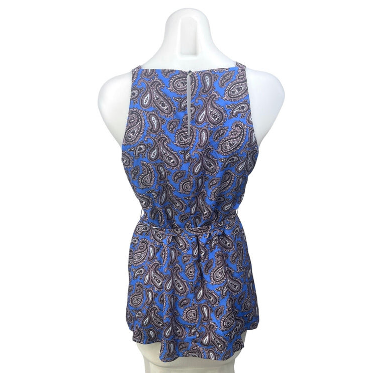 Banana Republic Blue Black Paisley Sleeveless Tie Waist Tunic Blouse Top Sz XS