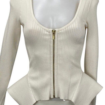 Guess Ivory Ribbed Knit Scoop Neck Long Sleeve Zip Peplum Cardigan Sweater Top M