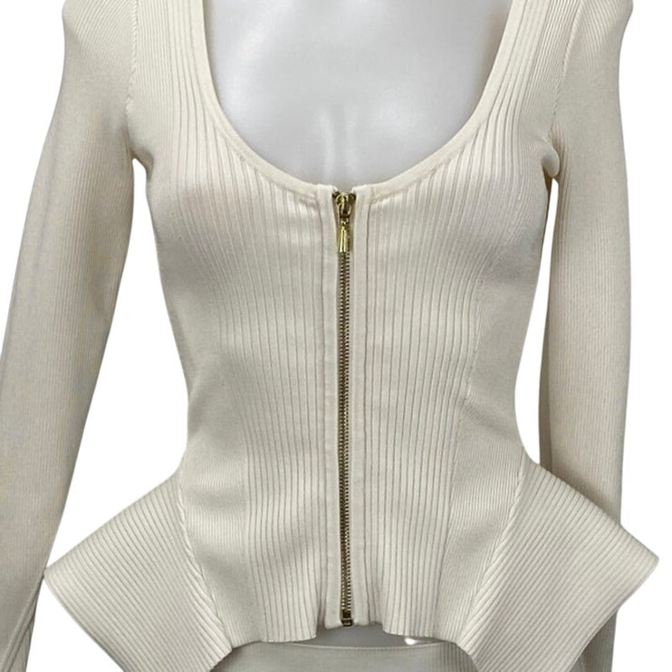 Guess Ivory Ribbed Knit Scoop Neck Long Sleeve Zip Peplum Cardigan Sweater Top M