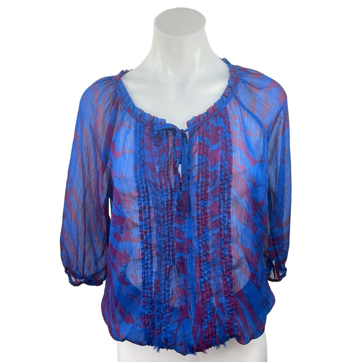 Express Blue Purple Zebra Print Pleated Ruffle Neck Sheer Pop Over Blouse Top M